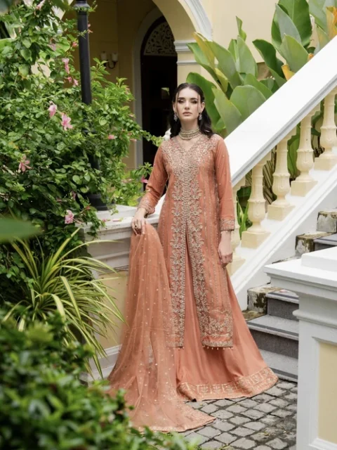 Agha Jaan | Coral Orange Net Embroidered Long Shirt Lehenga Set