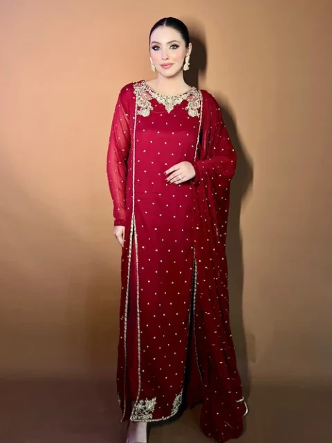 Agha Jaan | Maroon Chiffon Sequence Embroidered Flared Pishwas 3 Piece Suit