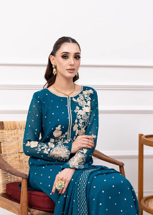 Agha Jaan | Teal Chiffon Long Kurta 3 Piece Suit - Image 3