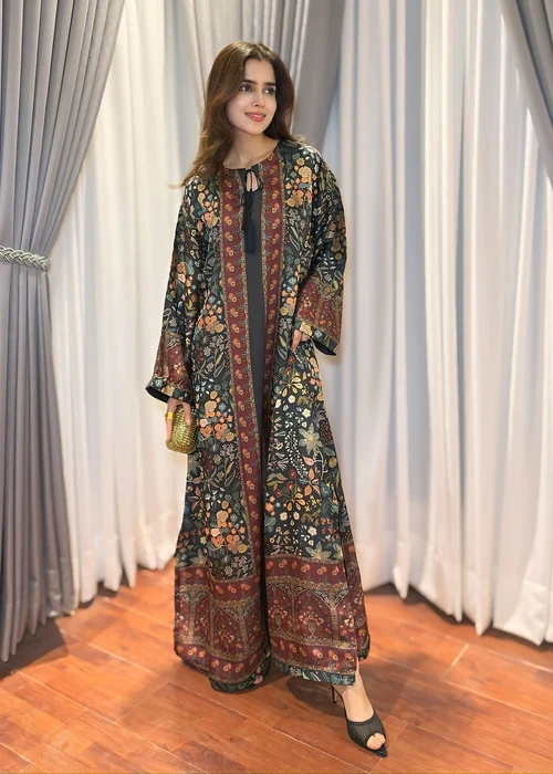 Bareen | Black Satin Silk Long Kaftan