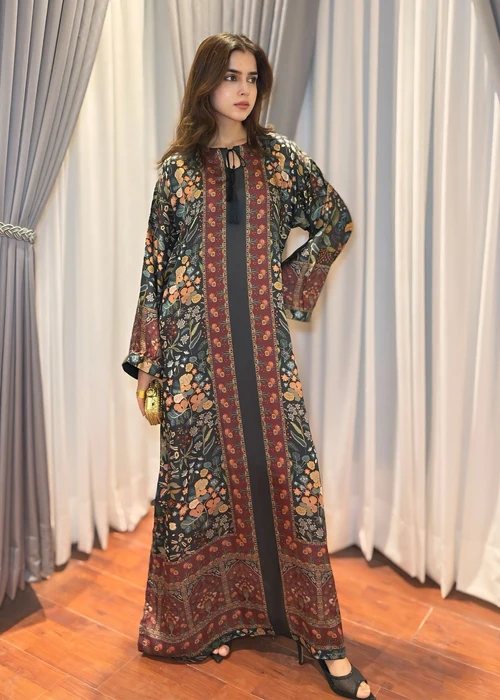 Bareen | Black Satin Silk Long Kaftan - Image 4