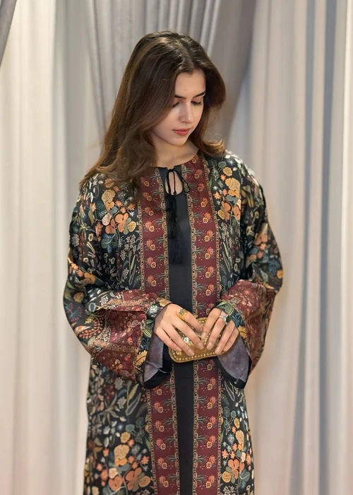 Bareen | Black Satin Silk Long Kaftan - Image 2