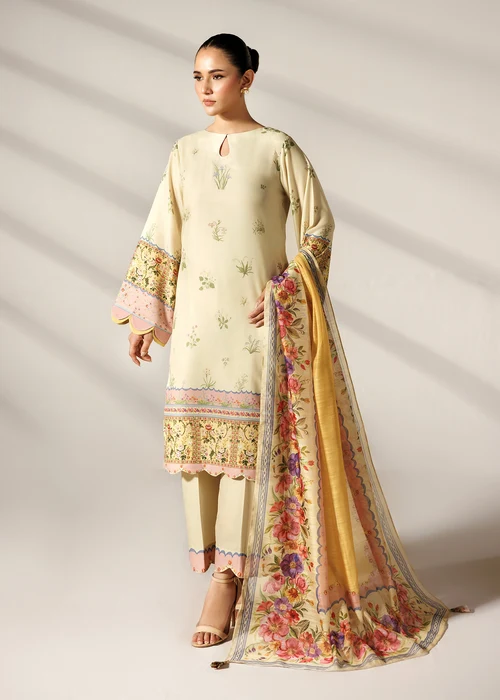 Bareen | Lemon Silk Finish Lawn Long Kurta Set - Image 3
