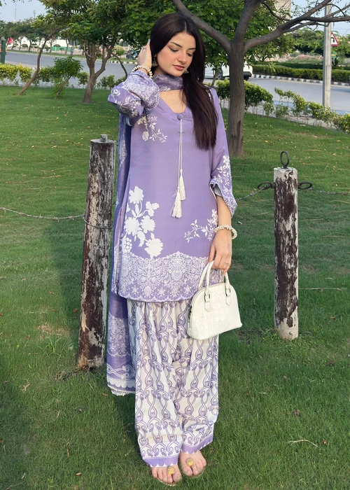 Bareen | Lilac Silk Finish Lawn Kurta Set - Image 4