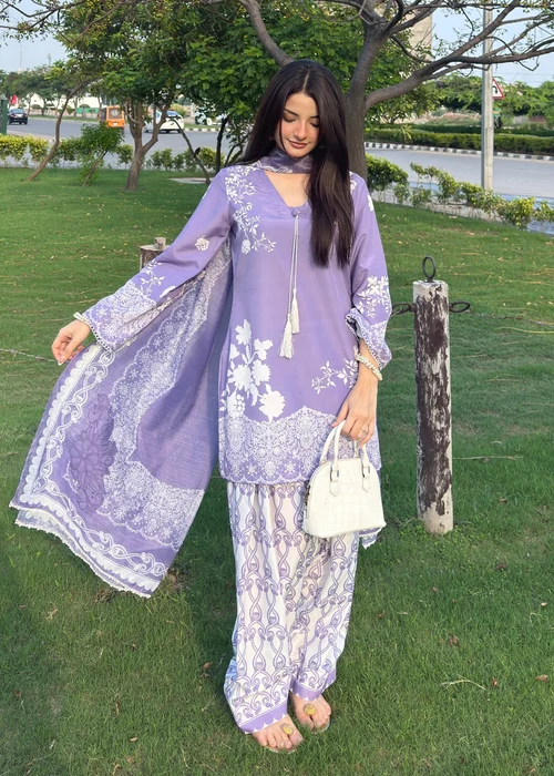 Bareen | Lilac Silk Finish Lawn Kurta Set - Image 3