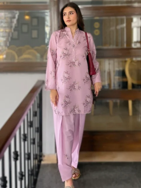 Bareen | Mauve Pink Silk Finish Lawn Short Kurta Set