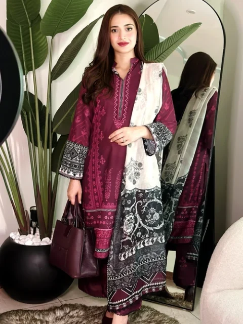 Bareen | Plum Silk Finish Lawn Kurta Set