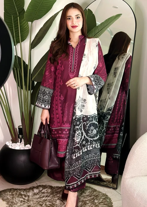 Bareen | Plum Silk Finish Lawn Kurta Set
