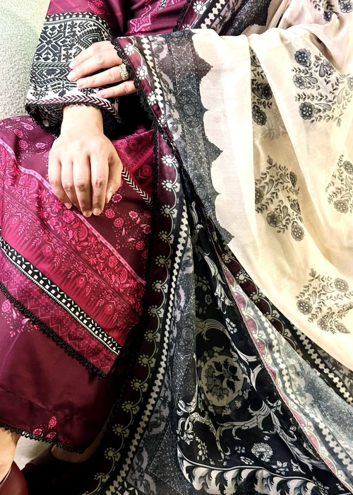 Bareen | Plum Silk Finish Lawn Kurta Set - Image 3