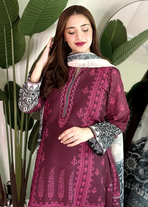 Bareen | Plum Silk Finish Lawn Kurta Set - Image 2