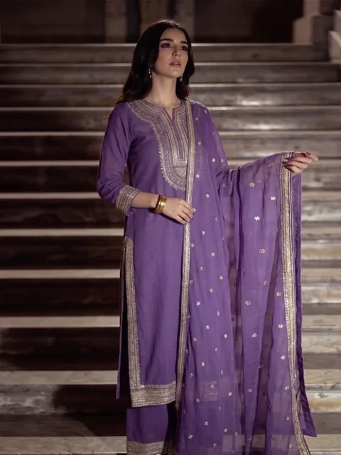 Bareen | Purple Heart Raw Silk Long Kurta Set