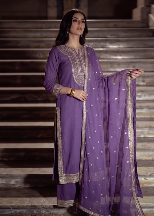 Bareen | Purple Heart Raw Silk Long Kurta Set
