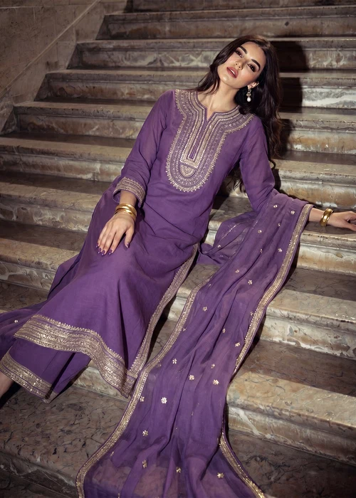 Bareen | Purple Heart Raw Silk Long Kurta Set - Image 3
