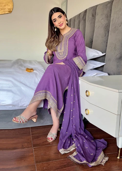 Bareen | Purple Heart Raw Silk Long Kurta Set - Image 2