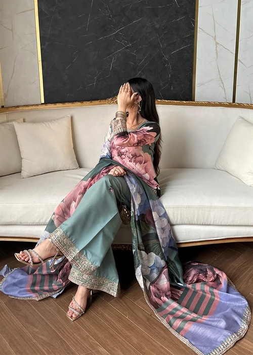 Bareen | Sage Green Raw Silk Kurta Set - Image 2