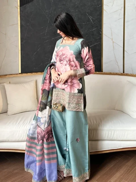 Bareen | Sage Green Raw Silk Kurta Set
