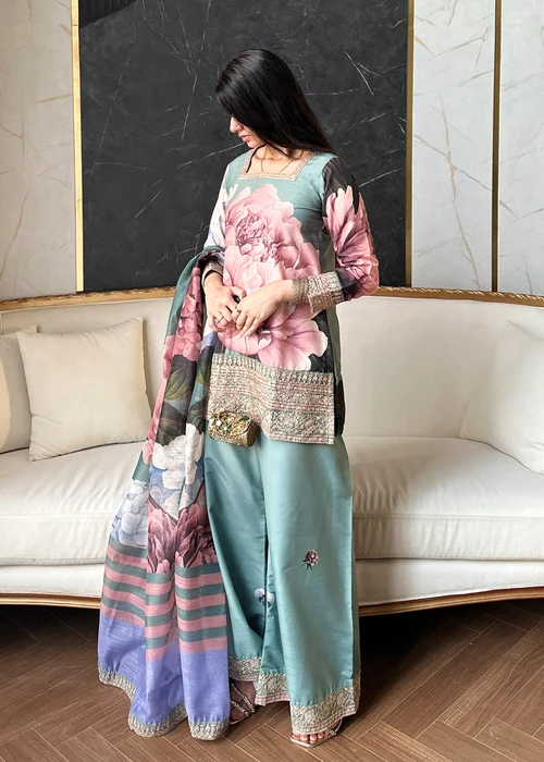 Bareen | Sage Green Raw Silk Kurta Set