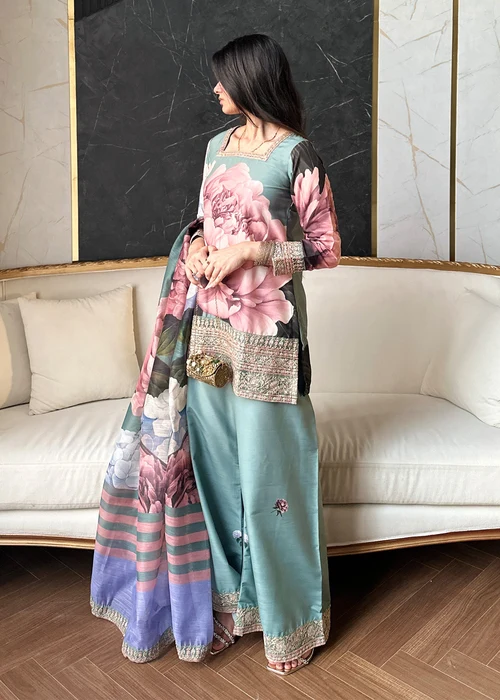 Bareen | Sage Green Raw Silk Kurta Set - Image 4