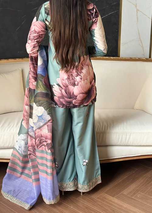Bareen | Sage Green Raw Silk Kurta Set - Image 3