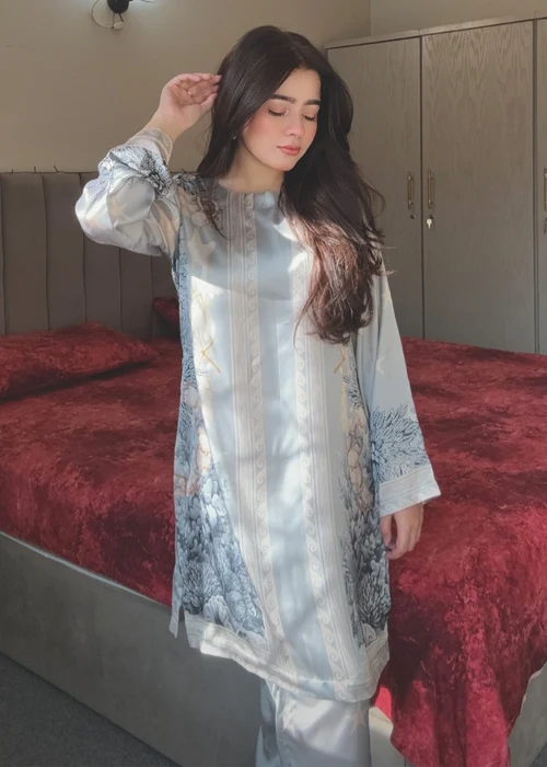 Bareen | Sky Blue Satin Silk Straight Kurta Set