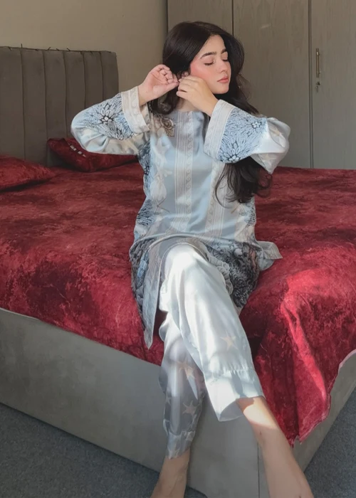 Bareen | Sky Blue Satin Silk Straight Kurta Set - Image 4