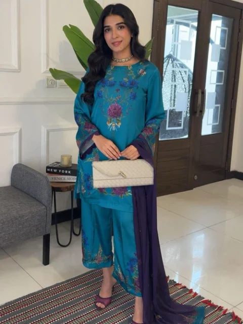 Bareen | Teal Satin Silk Kurta Set