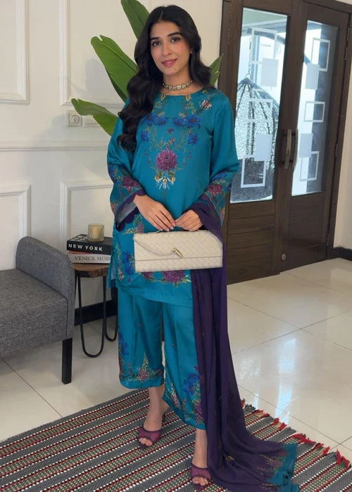 Bareen | Teal Satin Silk Kurta Set