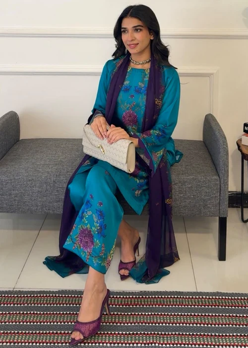 Bareen | Teal Satin Silk Kurta Set - Image 3