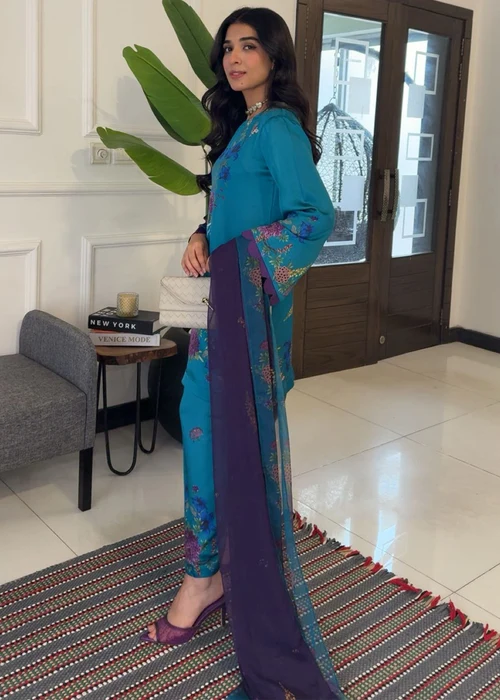 Bareen | Teal Satin Silk Kurta Set - Image 2