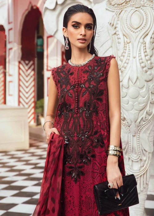 Maria B | Black & Red Linen Unstitched 3-Piece Suit - Image 3
