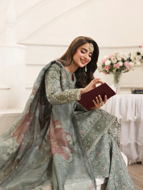Mohagni | Apple Green & Grey Silk Straight Cut Kurta Set