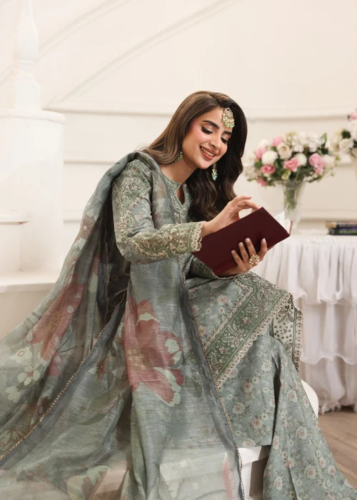 Mohagni | Apple Green & Grey Silk Straight Cut Kurta Set
