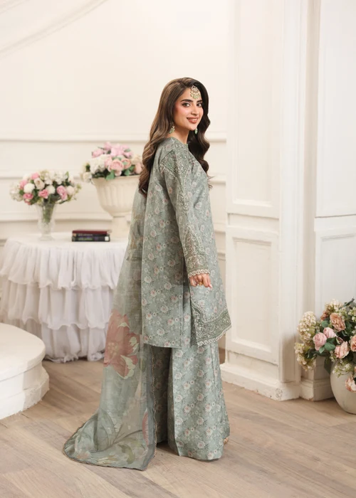 Mohagni | Apple Green & Grey Silk Straight Cut Kurta Set - Image 3