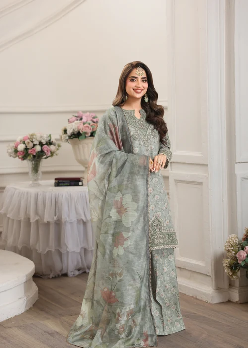 Mohagni | Apple Green & Grey Silk Straight Cut Kurta Set - Image 4