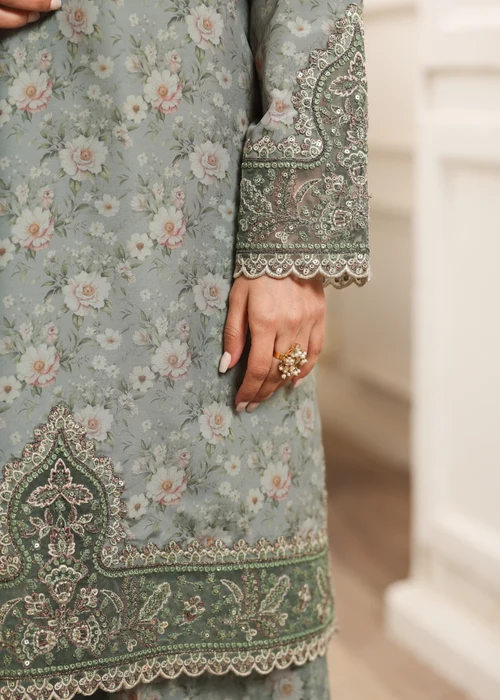 Mohagni | Apple Green & Grey Silk Straight Cut Kurta Set - Image 2
