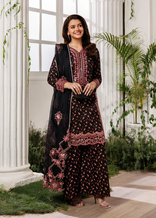 Mohagni | Jet Black Cotton Dobby Straight Cut Kurta Set