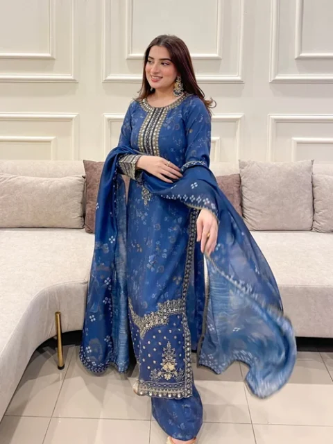 Mohagni | Royal Blue Silk Straight Cut Kurta Set