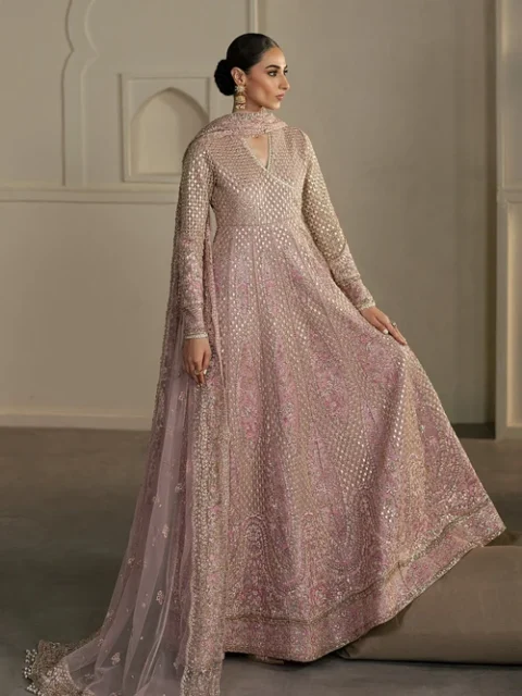 Afrozeh | Elegant Blush Pink Net 3 Piece Embroidered Wedding Guest Wear Set