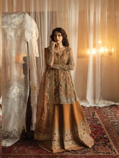 Afrozeh | Elegant Camel Brown Net 3 Piece Wedding Guest Wear Set