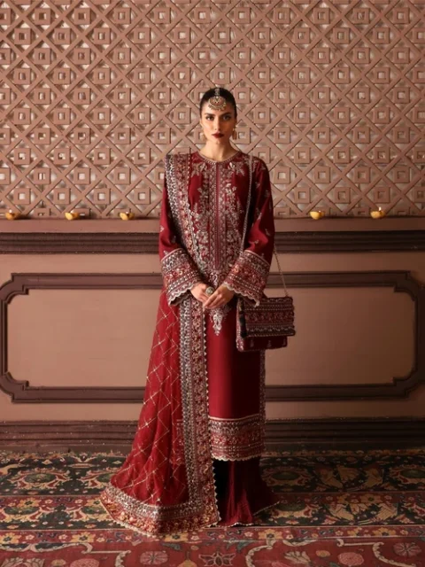 Afrozeh | Elegant Maroon Raw Silk 3 Piece Embroidered Long Kurta Plazzo Set