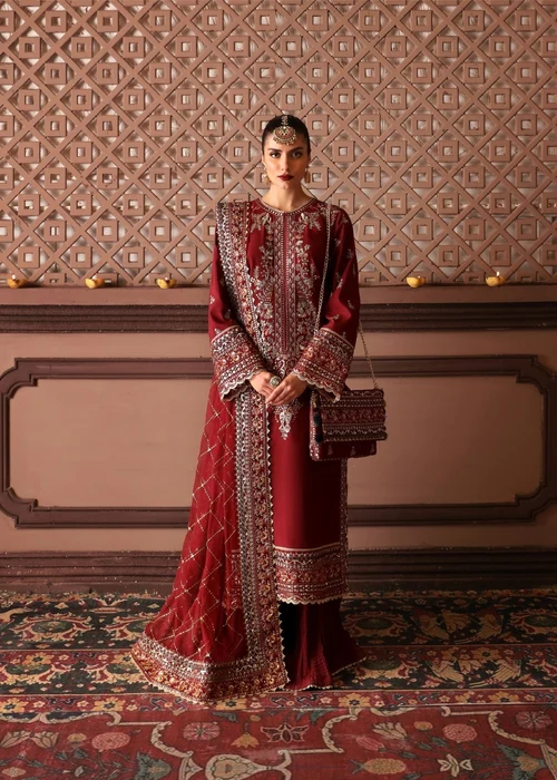 Afrozeh | Elegant Maroon Raw Silk 3 Piece Embroidered Long Kurta Plazzo Set