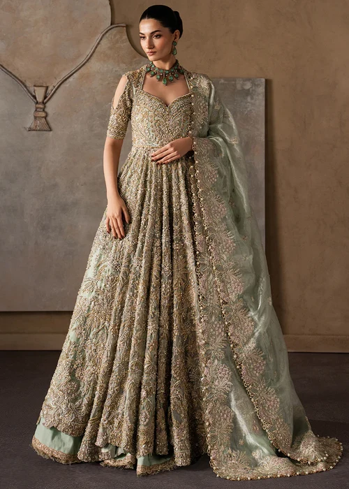Afrozeh | Elegant Mint Green Zari Tissue 3 Piece Hand Embellished Embroidered Bride Groom Wear Set - Image 2