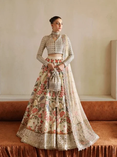 Afrozeh | Elegant Off-White Raw Silk 3 Piece Embroidered A-Line Maxi Flared Lehenga Set