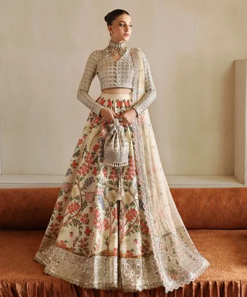 Afrozeh | Elegant Off-White Raw Silk 3 Piece Embroidered A-Line Maxi Flared Lehenga Set