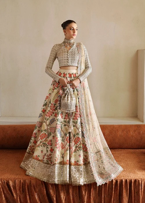 Afrozeh | Elegant Off-White Raw Silk 3 Piece Embroidered A-Line Maxi Flared Lehenga Set
