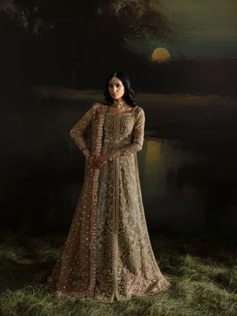 Afrozeh | Elegant Olive Green Net 3 Piece Embroidered A-Line Maxi Set