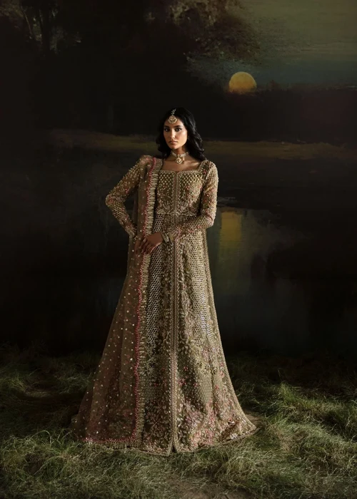 Afrozeh | Elegant Olive Green Net 3 Piece Embroidered A-Line Maxi Set