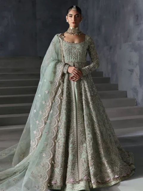 Afrozeh | Elegant Pastel Green Organza 3 Piece Embroidered Flared Maxi Lehnga Set