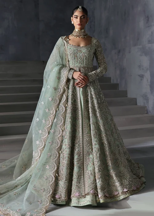 Afrozeh | Elegant Pastel Green Organza 3 Piece Embroidered Flared Maxi Lehnga Set