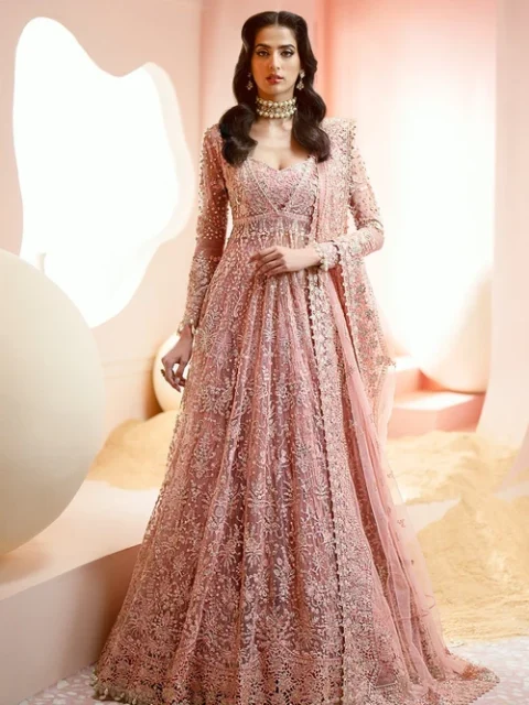 Afrozeh | Elegant Pink Net 3 Piece Embroidered A-Line Maxi Set